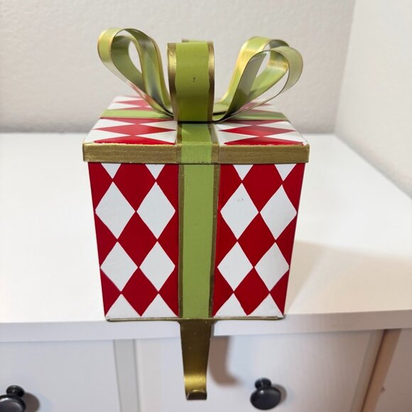 BALLARD DESIGNS Gift Box Stocking Hanger Harlequin Metal Bow Box RARE RETIRED! - Picture 1 of 15